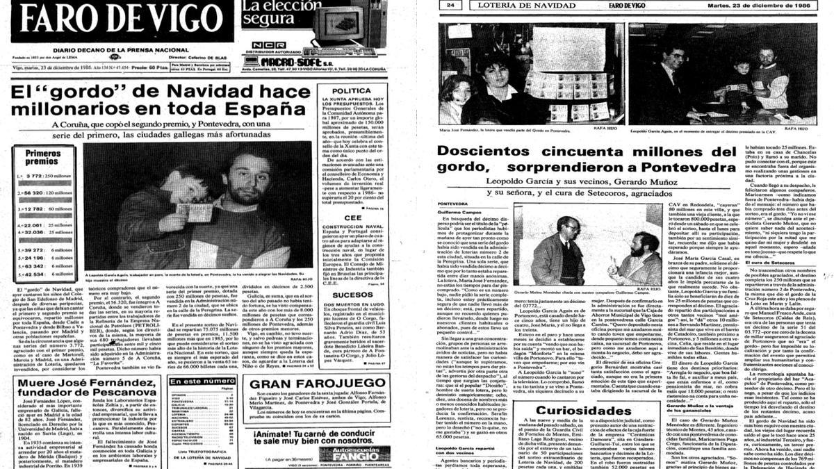 Páginas de FARO del 23 de diciembre de 1986 con los premiados con el Gordo.