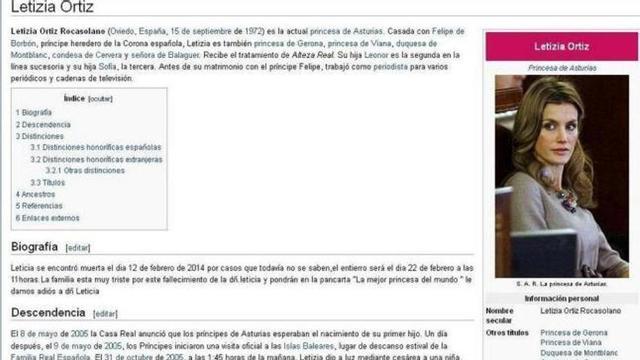 La Wikipedia ´mata´ a la princesa Letizia