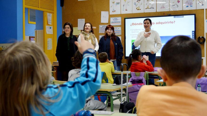 Las representantes municipales acompañan a la veterinaria Silvia Rivas en una charla en el colegio, ayer. |   // D.P.