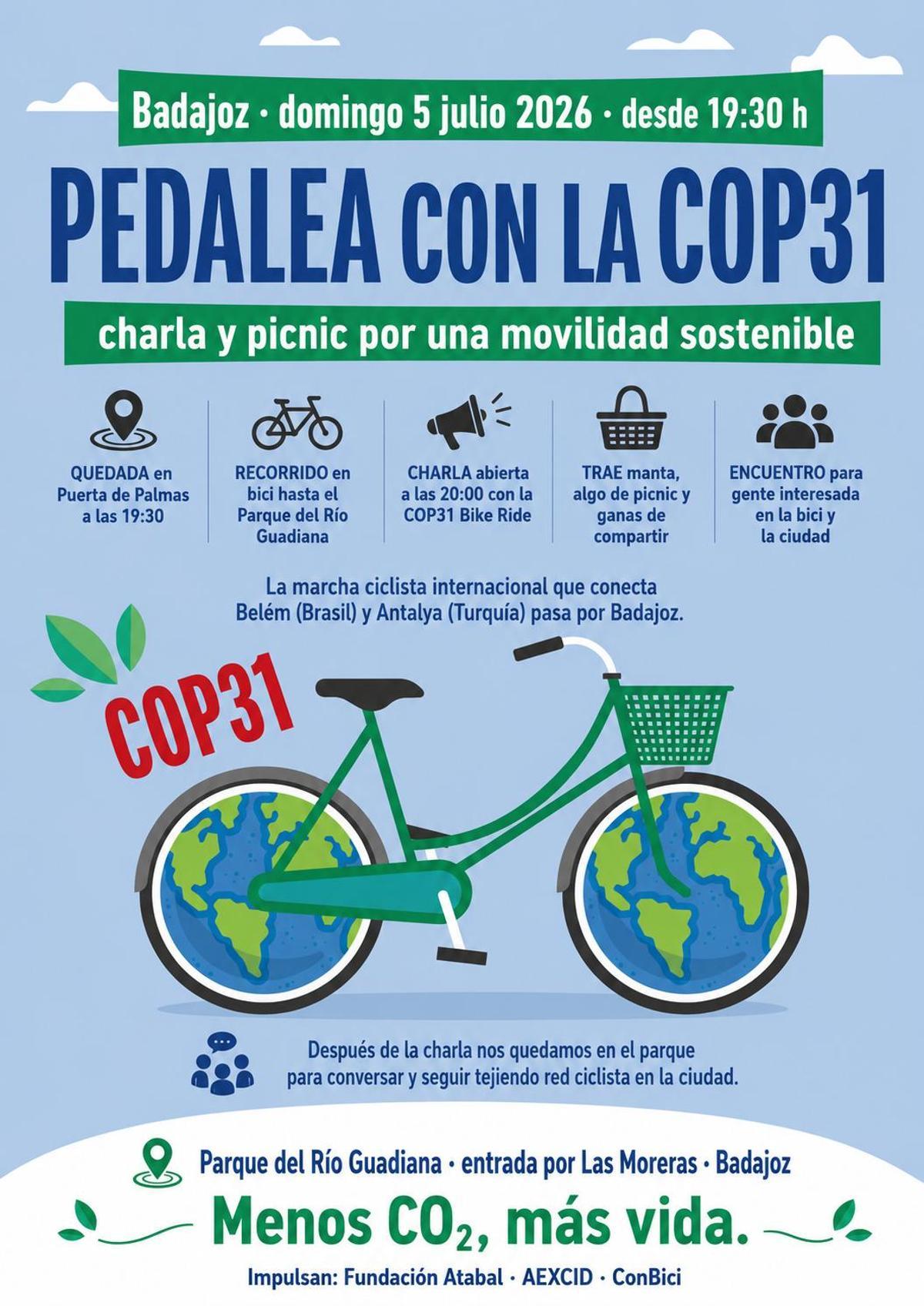 Cartel de la COP31 Bike Ride, que llega hoy a Badajoz.