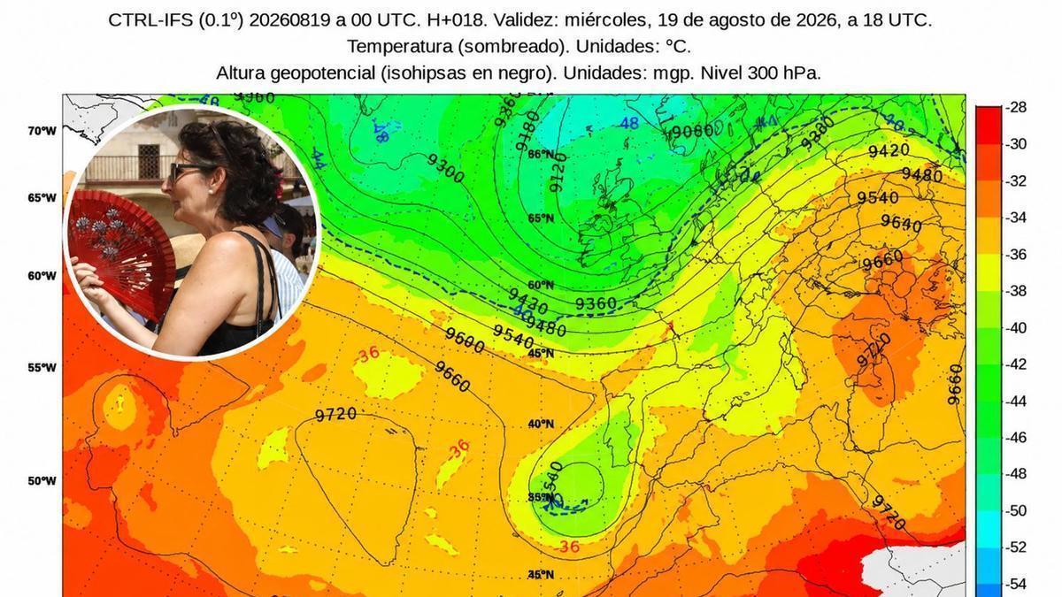 En la imagen grande, mapa climático de la Aemet para hoy miércoles, 19 de agosto. En la imagen pequeña, una mujer se abanica en Córdoba.