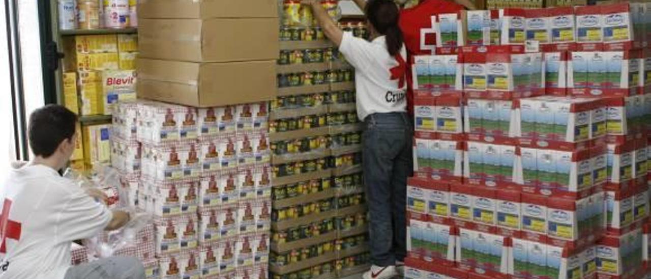 Imagen del banco de alimentos en la que varios voluntarios están organizando los productos.