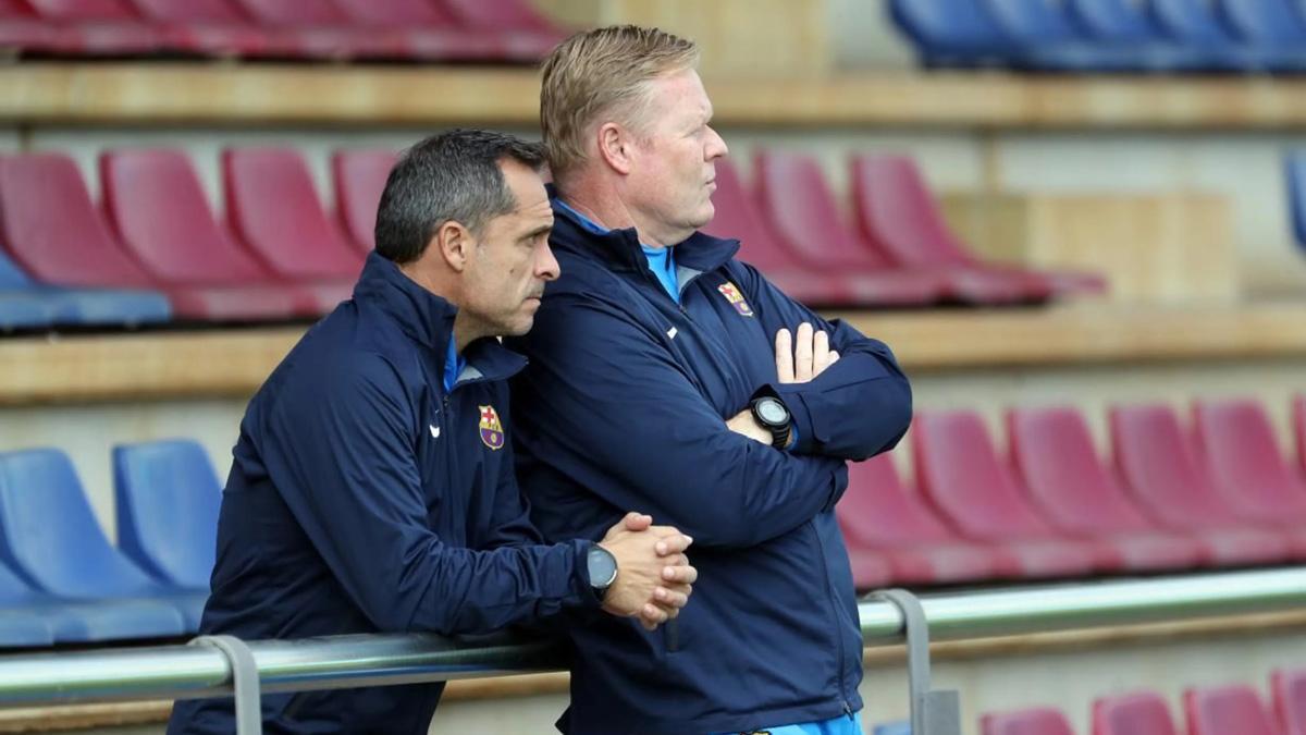 Sergi Barjuan y Ronald Koeman durante una sesión de entrenamiento en la Ciutat Esportiva Joan Gamper