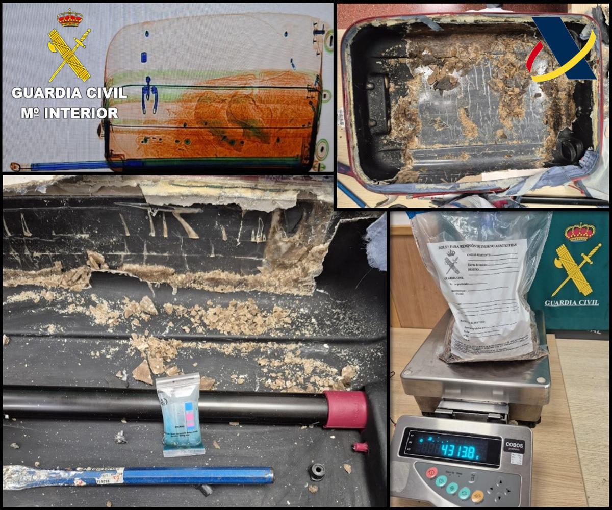 Imagen del equipaje detectado por la Guardia Civil con droga en la estructura