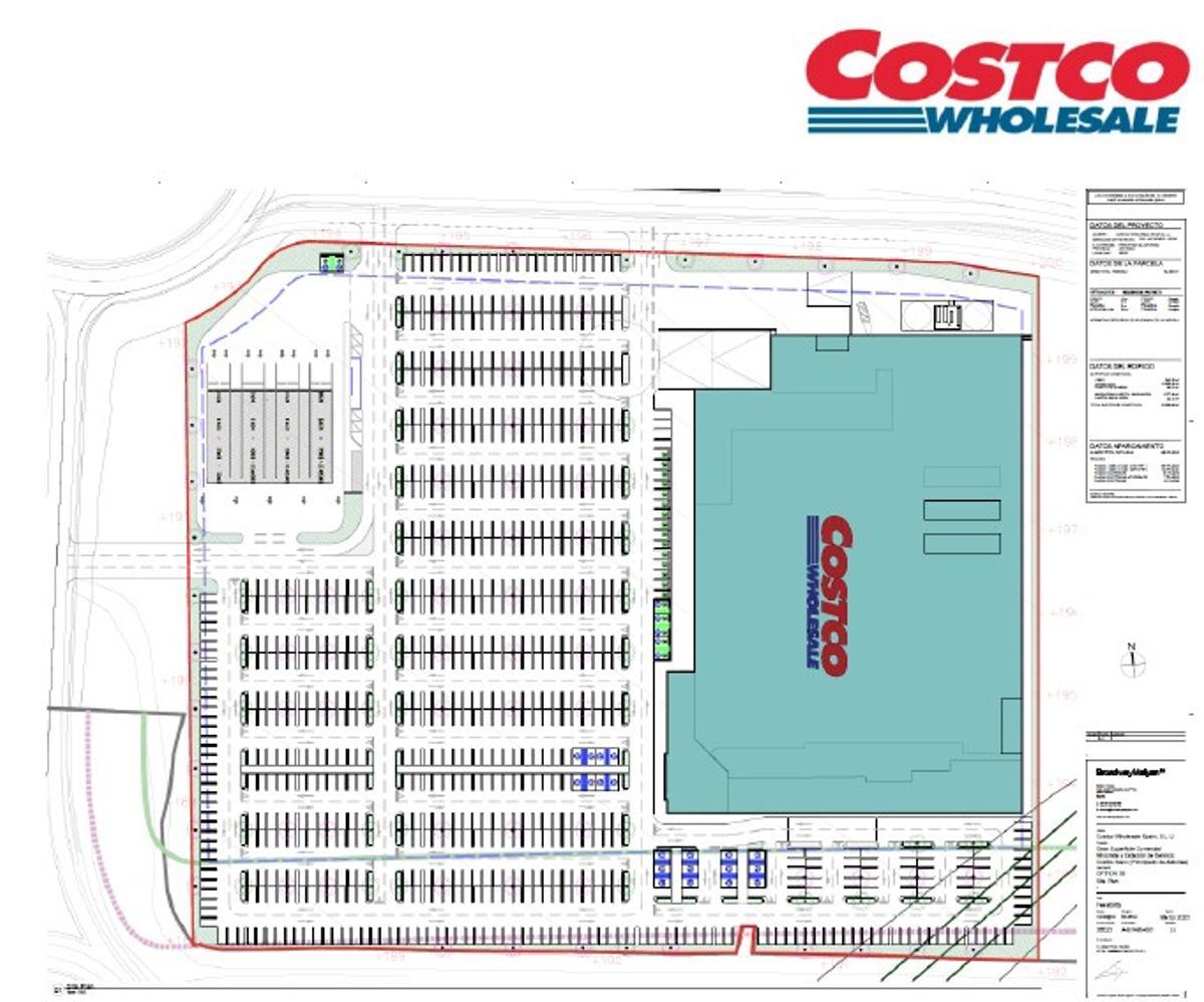 Plano en el que se visualiza el espacio del edificio comercial (en azul) y el ámbito de la parcela dedicado a aparcamiento.