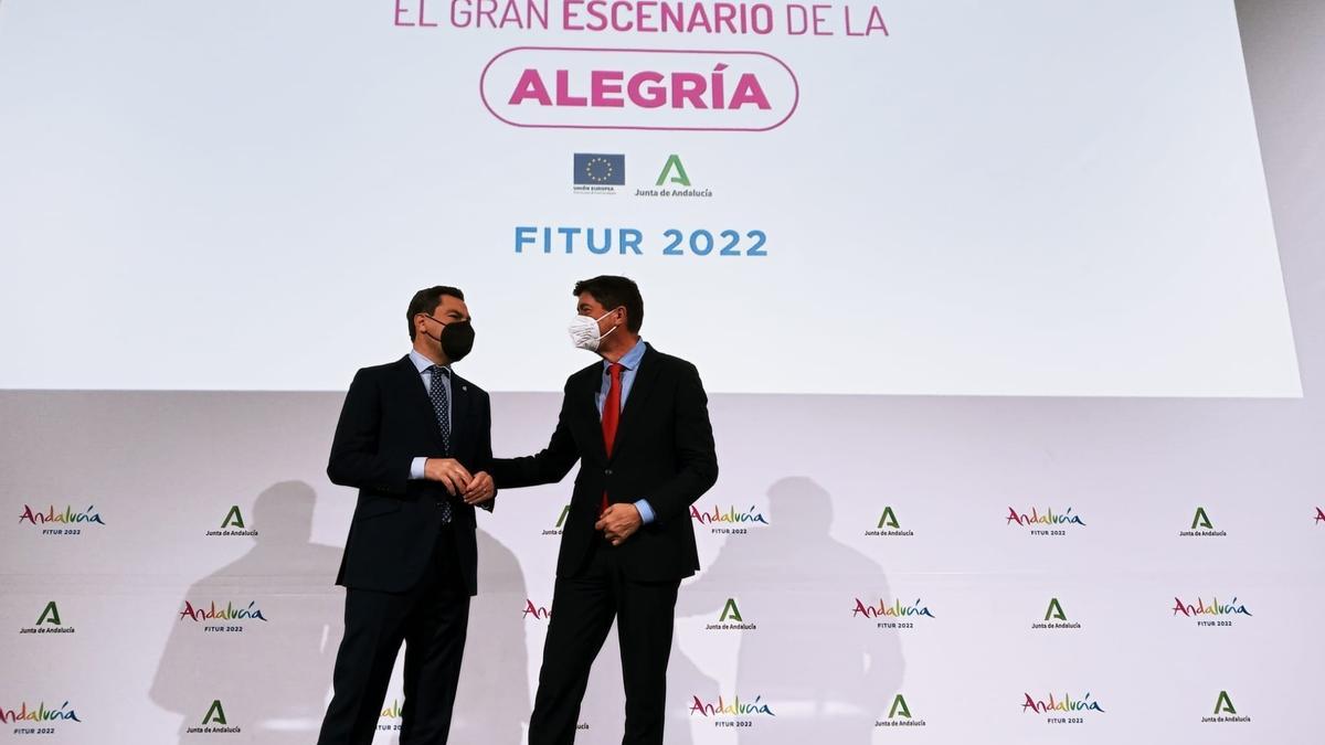 Juanma Moreno y Juan Marín, en la comparecencia conjunta previa a la inauguración oficial del pabellón de Andalucía en Fitur 2022.