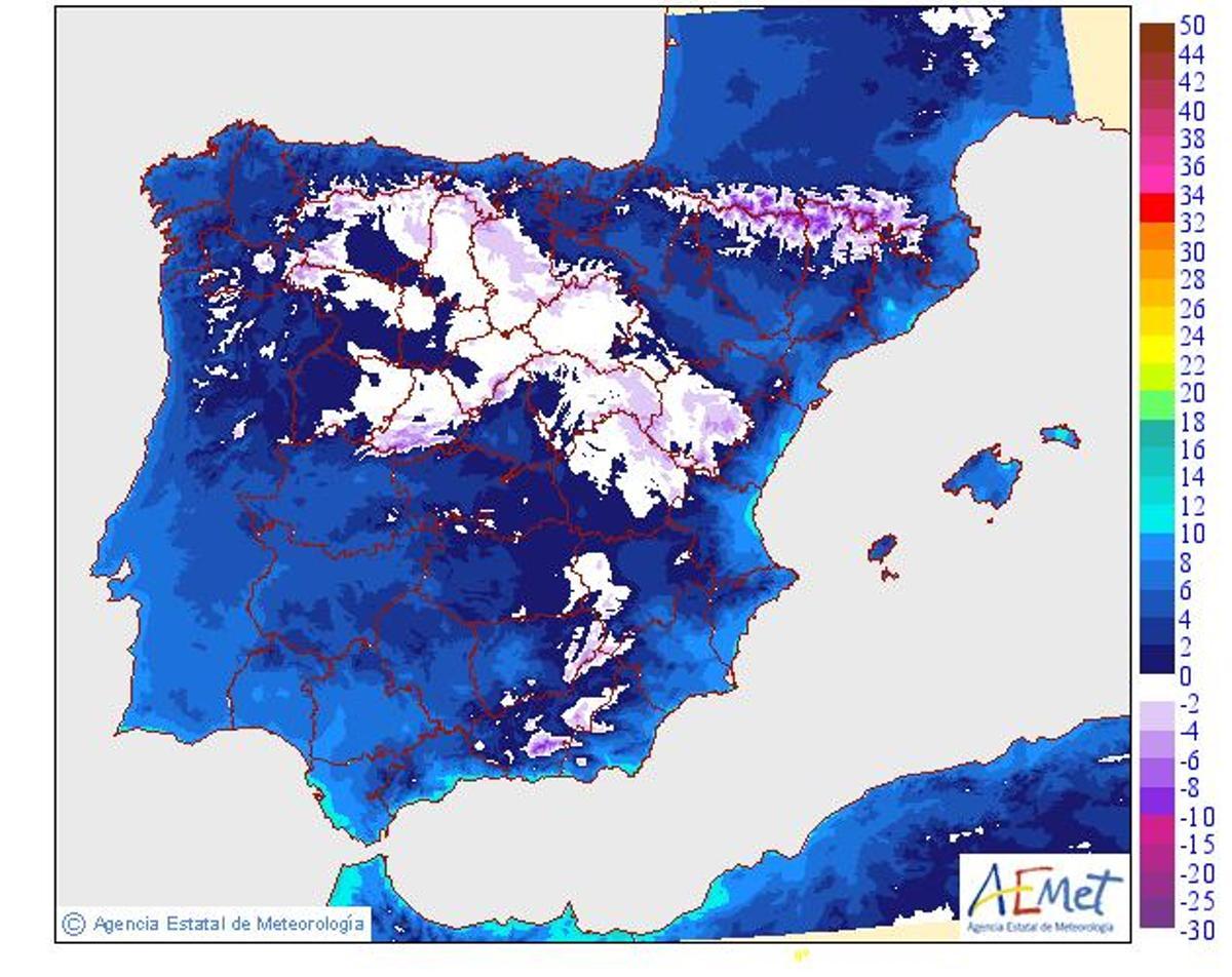 Mapa de las temperaturas mínimas el viernes 5 de enero en la Península y Baleares según la AEMET