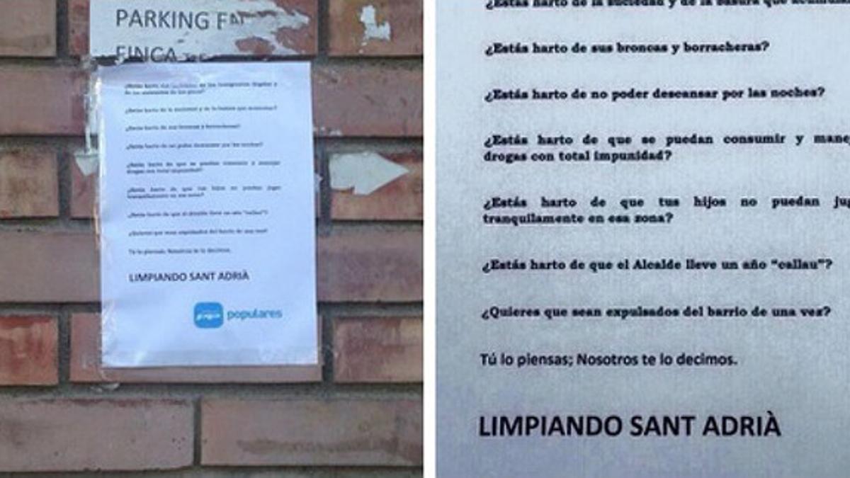 Imagen publicada en Twitter de los carteles elaborados por el PP de Sant Adrià del Besòs sobre la inmigración.