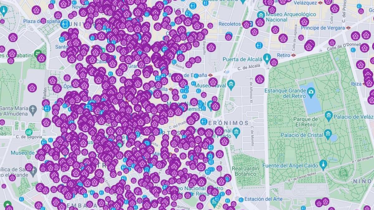 Localización de pisos turísticos ofertados en el centro de Madrid en plataformas digitales.