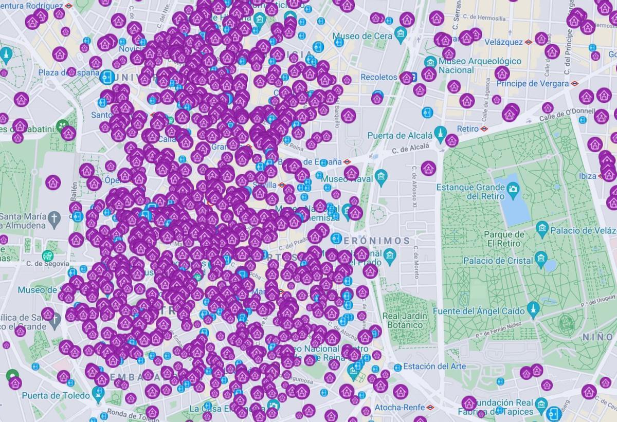 Localización de pisos turísticos ofertados en el centro de Madrid en plataformas digitales.