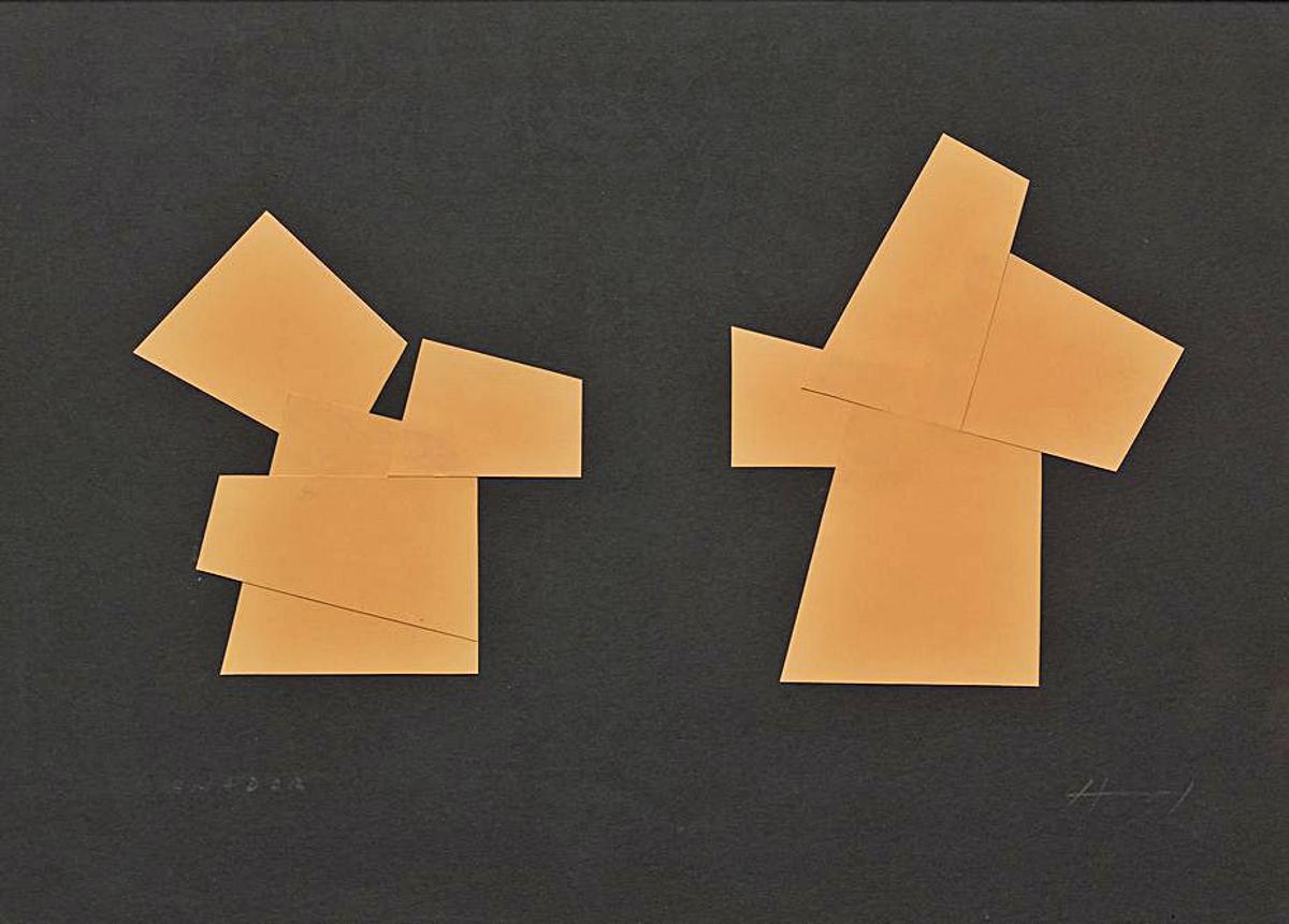 (1, 2, 3 y 4) Varios de los collages de la galería Guillermina Caicoya de Oviedo. Las esculturas (5) “Homenaje a Durero y Luca Pacioli” y (6) “Llaparar”, de la misma exposición.  (7) La obra, sin título, de la Fundación Evaristo Valle. | Marcos Morilla