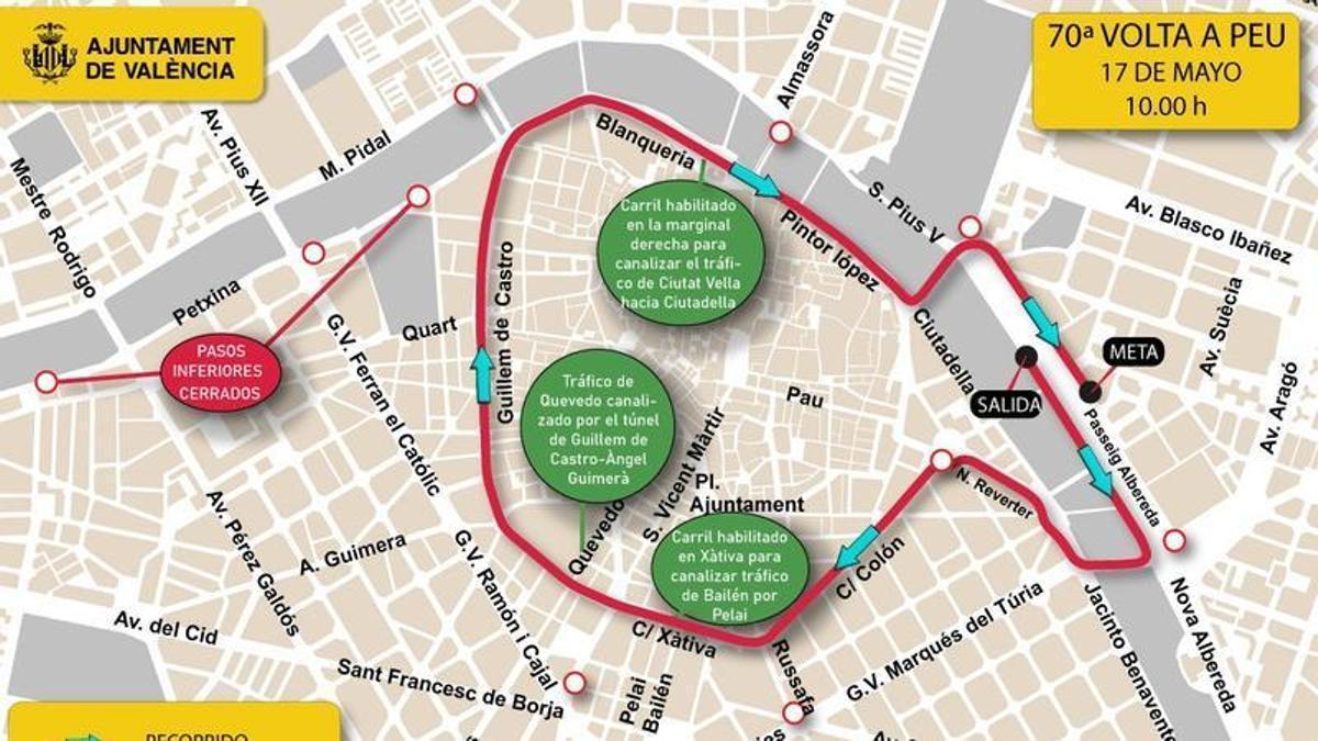 Plano con los cortes de tráfico de la Volta a Peu de València