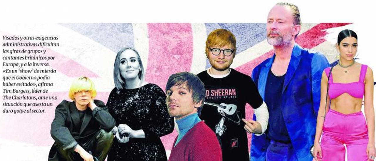 De izquierda a derecha: Tim Burgess,Adele, Louis Tomlinson, Ed Sheeran, Thom Yorke y Dua Lipa.