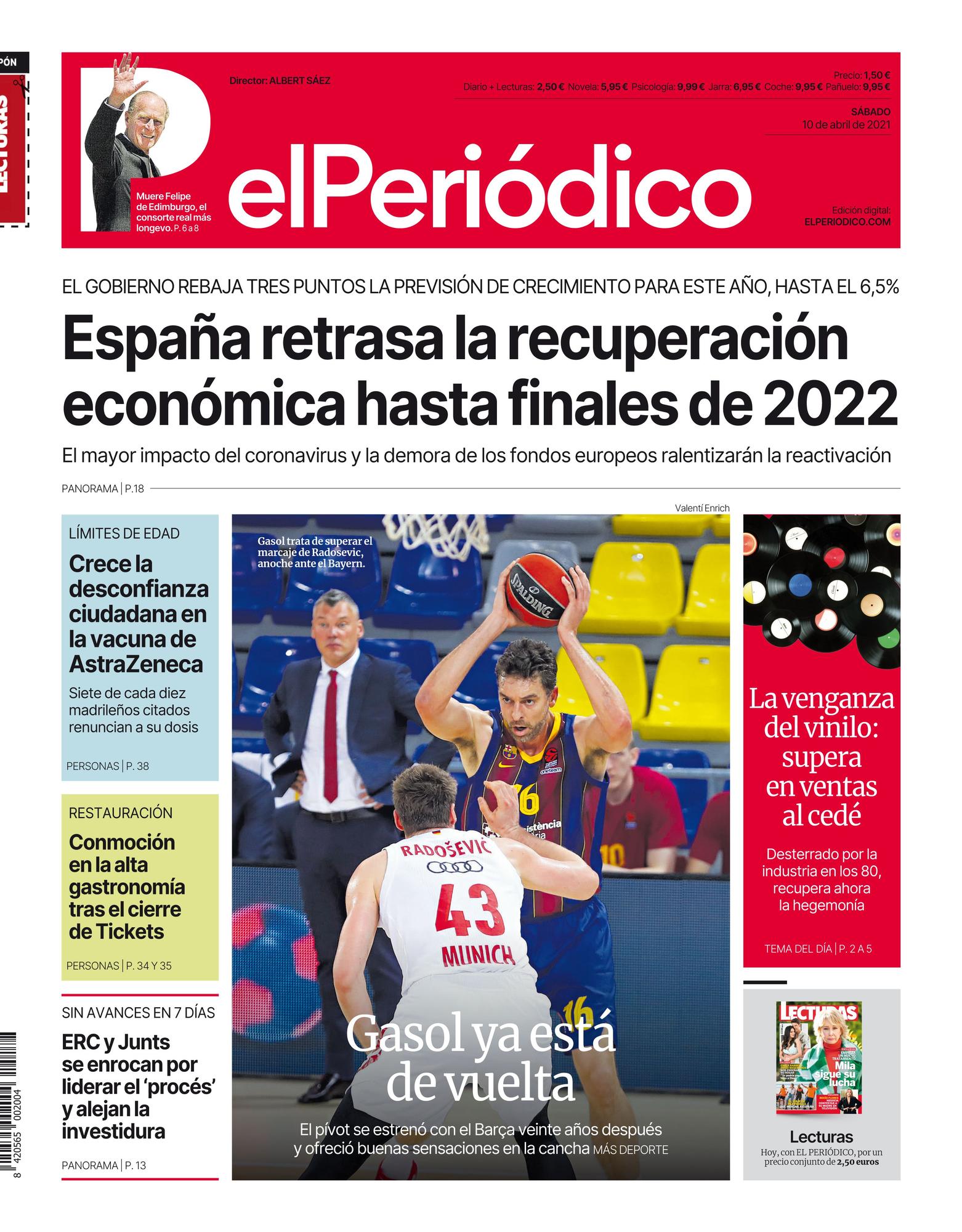 La portada de EL PERIÓDICO del 10 de abril de 2021