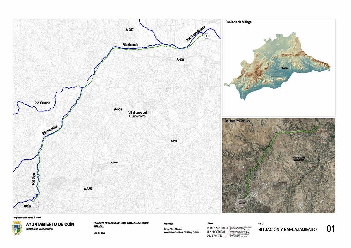 Planos del trazado de la senda fluvial de Coín.