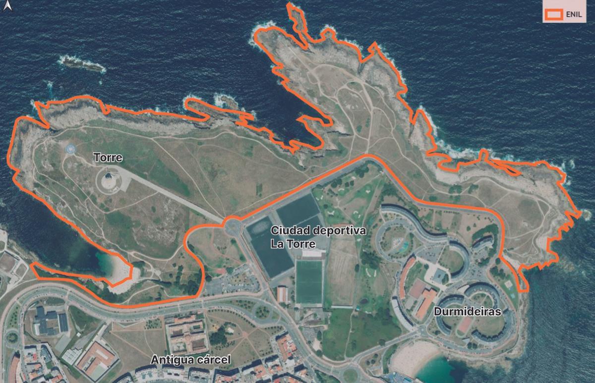 Mapa con las zonas comprendidas dentro del ENIL de la Torre, con límites marcados en naranja.