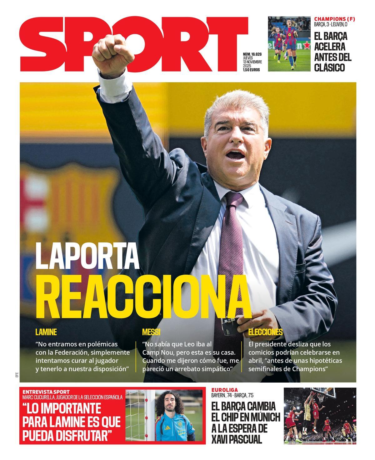 Esta es la portada de SPORT de hoy jueves, 13 de noviembre de 2025