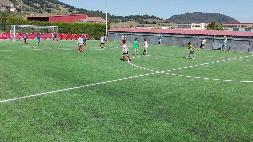 Un grupo de usuarios en el recién estrenado campo de hierba sintética de Salas.