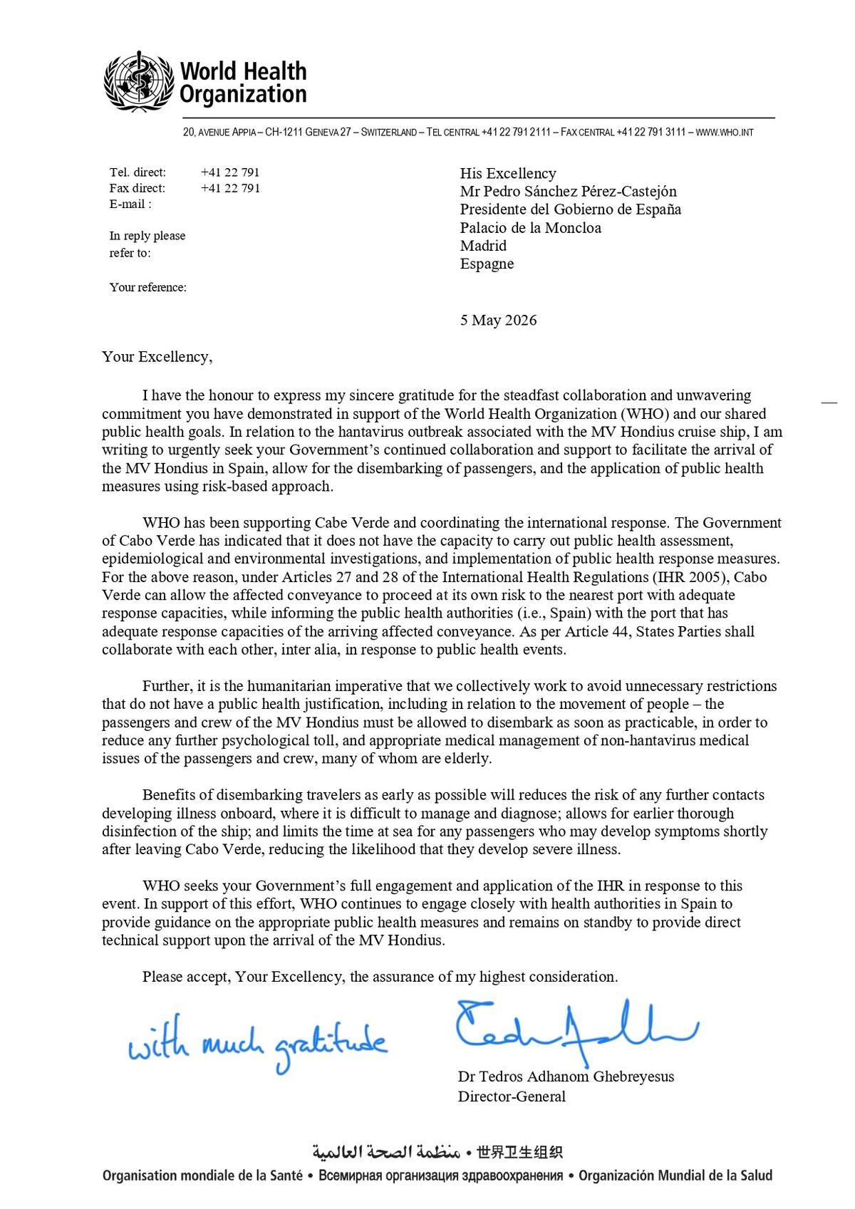 Carta del Director General de la OMS, el Dr. Tedros Adhanom Ghebreyesus al presidente de España, Pedro Sánchez, en la que le informa del traslado del crucero 'MV Hondius' a un puerto español