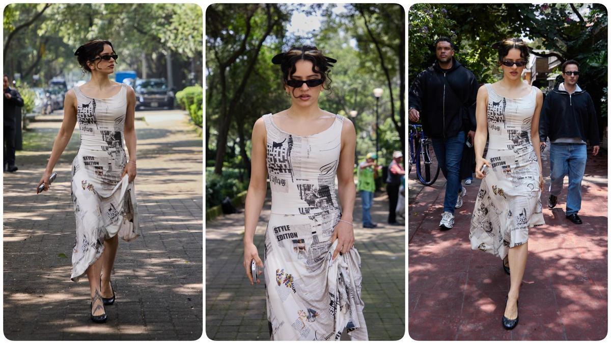Rosalía, paseando por las calles de Ciudad de México, con el modelo 'newspaper print' de Desigual.