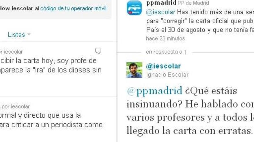 La conversación entre Ignacio Escolar y el PP de Madrid en Twitter.