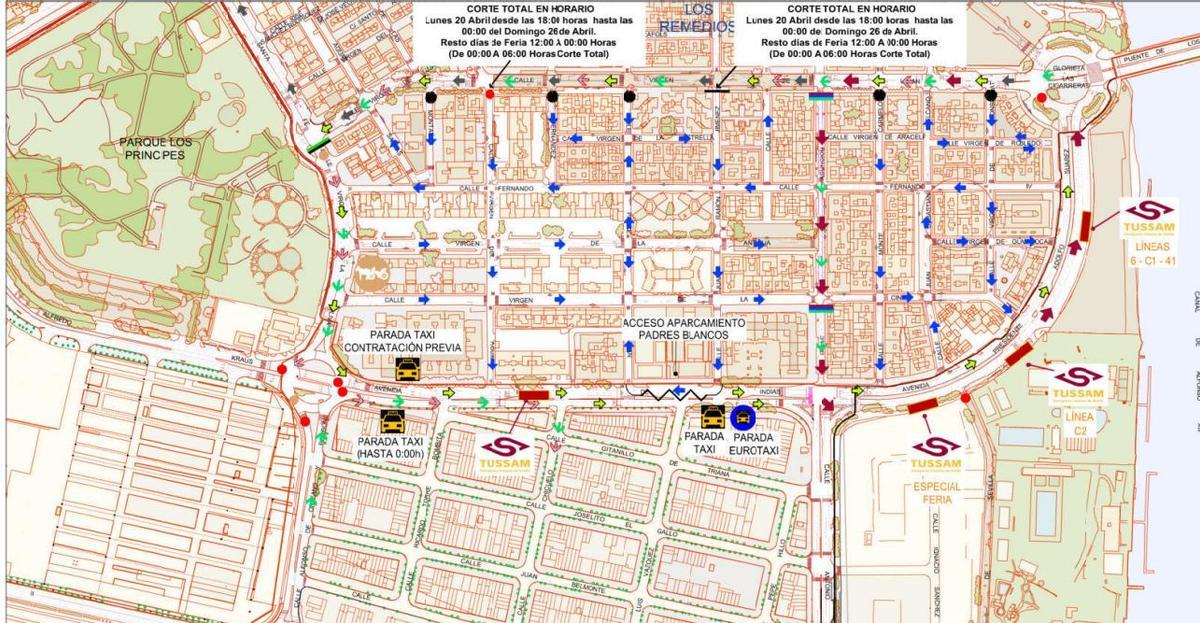 Mapa del plan de movilidad del Ayuntameinto de Sevilla para la Feria de Abril de 2026.