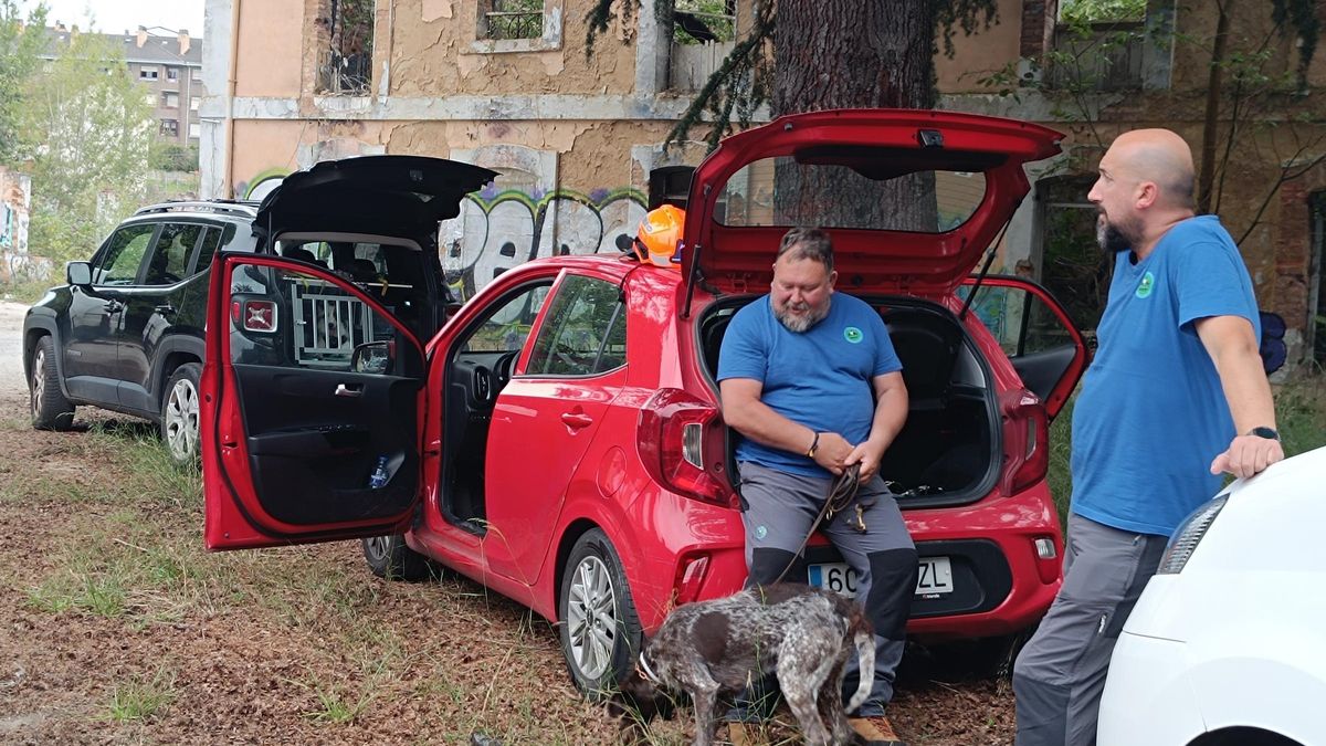 Por la izquierda, Wenceslao Fernández, con "Anja", y Manuel Carril, uno de los guías de la Unidad Canina de Rescate del Principado de Asturias, en un entrenamiento en San Claudio, en Oviedo.