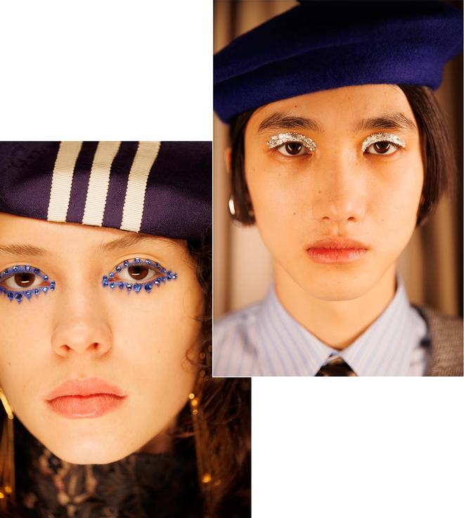 El maquillaje de ojos fantasía de las modelos durante el desfile en Milán de la colección Exquisite Gucci en colaboración con Adidas