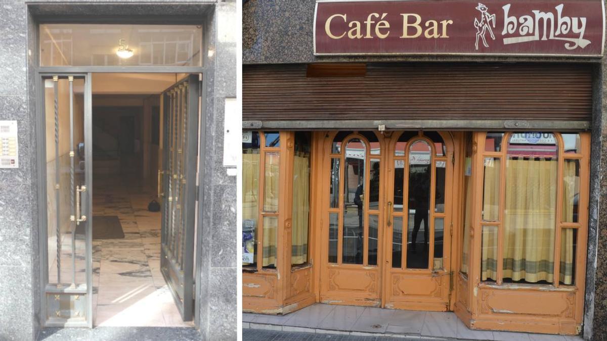 Portal de la casa del crimen; a la derecha, el bar de la víctima.