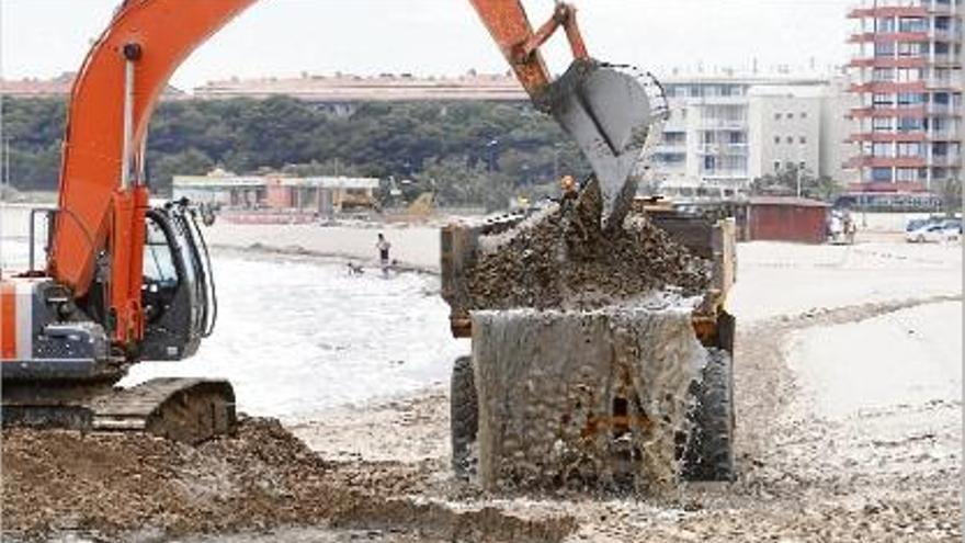 Una excavadora carrega sorra en un camió, ahir, a la platja Gran de l&#039;Estartit.