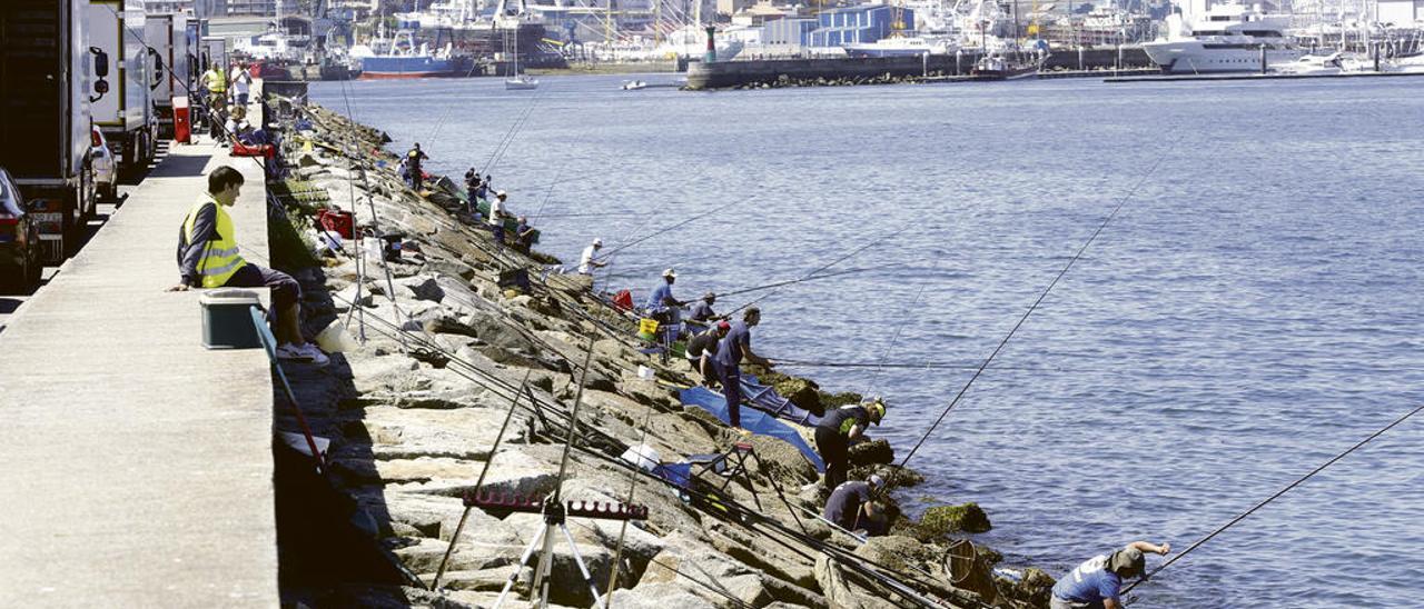 Participantes en un campeonato de pesca celebrado este verano en la escollera de O Berbés. // R. Grobas