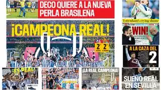 Las portadas de los periódicos deportivos hoy, domingo 19 de abril: Sport, Marca, As y Mundo Deportivo sobre la Real Sociedad, campeona de la Copa del Rey
