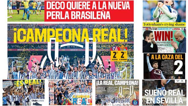 Las portadas de los periódicos deportivos hoy, domingo 19 de abril: Sport, Marca, As y Mundo Deportivo sobre la Real Sociedad, campeona de la Copa del Rey