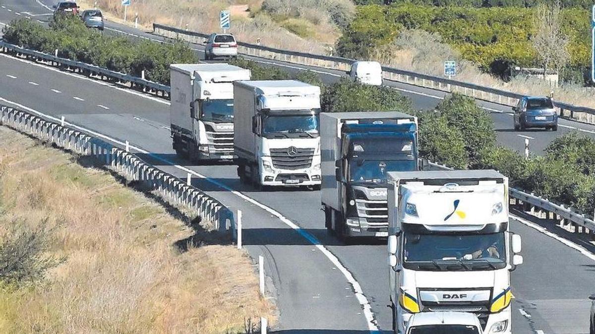 Varios camiones circulan por la autopista AP-7 en el término municipal de Castelló. El sector del transporte cuenta en la provincia con algo más de 2.600 empresas, muchos autónomos.