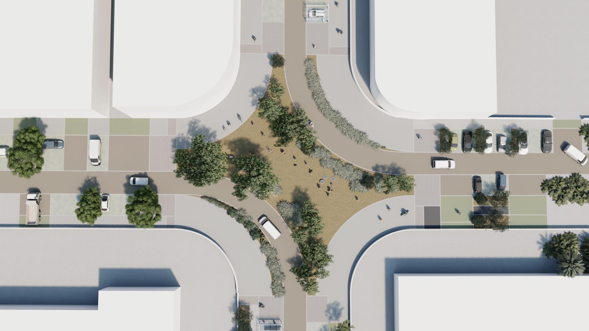 Ejemplo de cómo sería una &quot;no rotonda&quot; para apaciguar el tráfico y crear espacios peatonales en los cruces.
