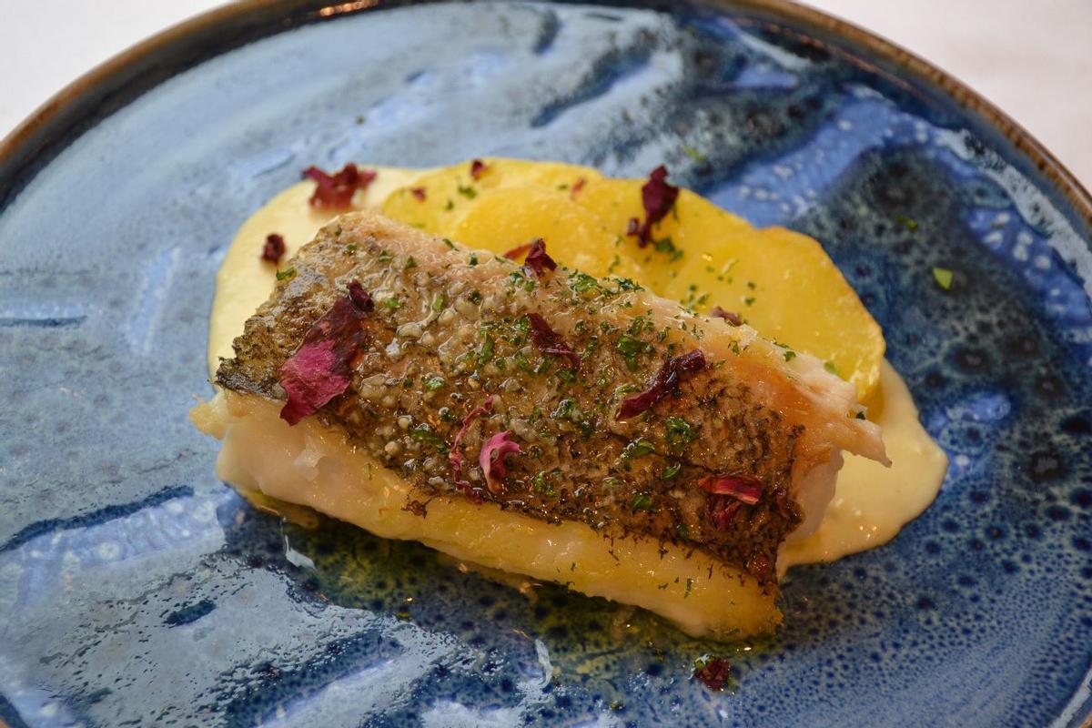 Merluza sobre crema de puerros.