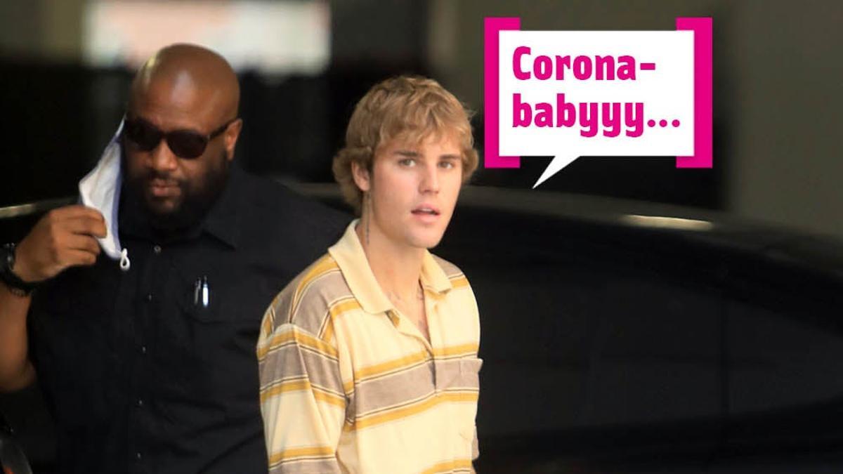Justin Bieber con bocadillo de 'Coronababy' y mascarilla