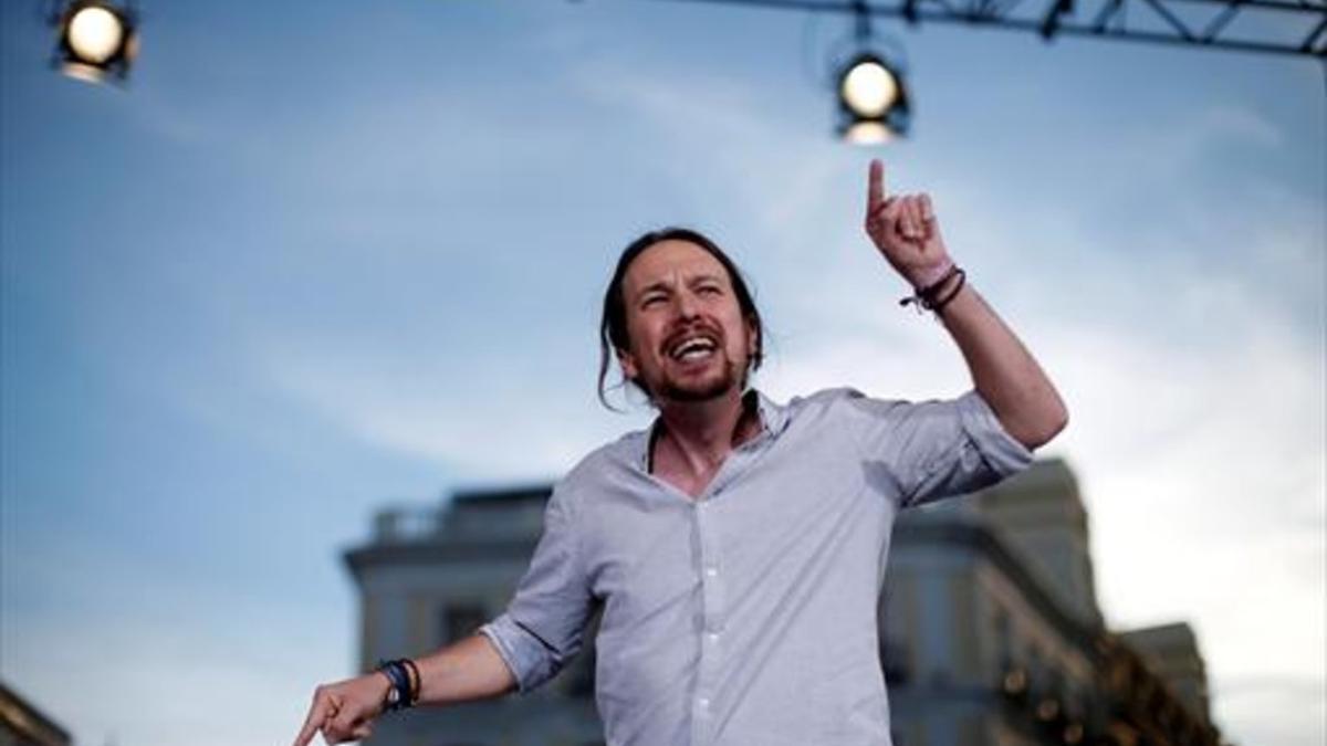 Pablo Iglesias, en el acto de Podemos en la Puerta del Sol de Madrid, el sábado pasado.