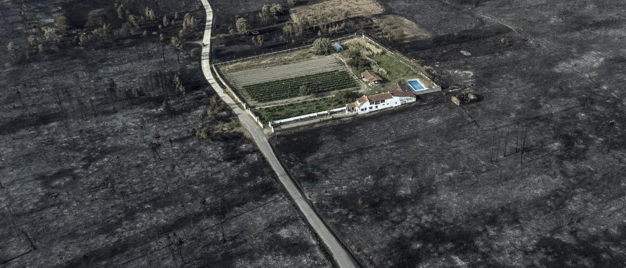 Un chalé asediado por el fuego en el límite fronterizo entre Oímbra (Ourense) y Portugal.