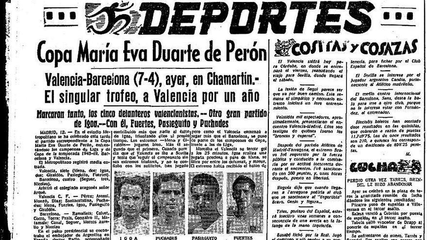 Así informaba «Levante» de la Copa Eva Duarte ganada por el Valencia al Barcelona.