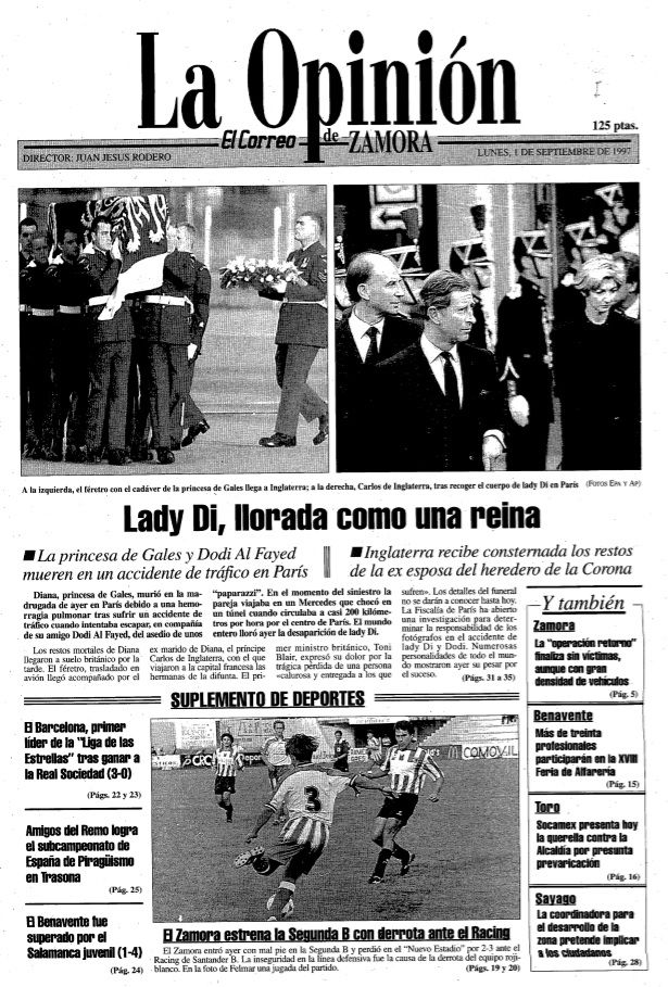 Portada de LA OPINIÓN-EL CORREO DE ZAMORA el 1 de septiembre de 1997, con el fallecimiento de Lady Di