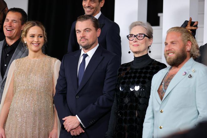 Jennifer Lawrence, Leonardo DiCaprio, Meryl Streep y Johan Hill, en el estreno de 'No mires arriba'