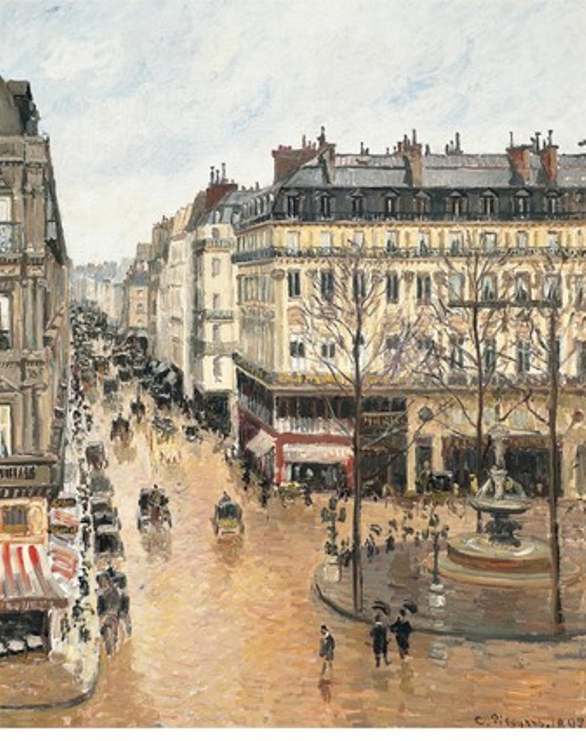 ’Rue Saint-Honoré a la tarda’, de Camille Pissarro. Rue Saint-Honoré a la tarda. Efecte de pluja, 1897 Oli sobre llenç. 81 x 65 cm Museu Thyssen-Bornemisza, Madrid