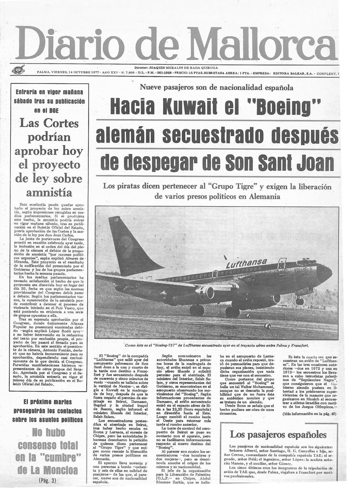 Portada de Diario de Mallorca del 14 de octubre de 1977, con la noticia del secuestro