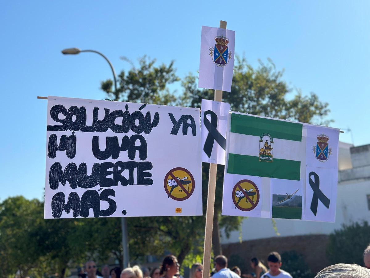 Manifestación en La Puebla del Río (Sevilla) para pedir a las administraciones soluciones contra los mosquitos transmisores del virus del Nilo (5 de agosto de 2024)