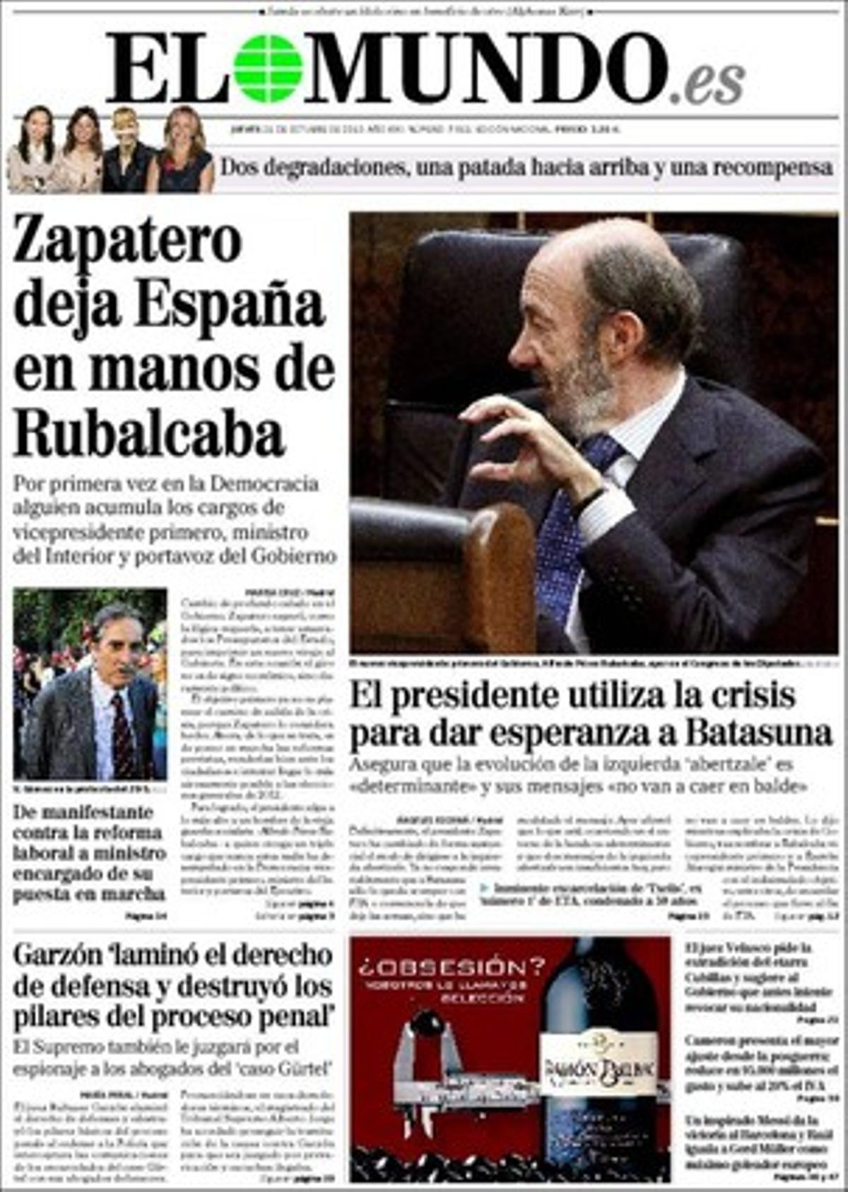A més de les notícies que recull a la primera plana, ’El Mundo’ destaca a dins el primer veredicte a Espanya contra un llibre de text d’Educació per a la Ciutadania. També explica que el Tribunal Constitucional, gràcies al vot de qualitat del seu vicepresident, Guillermo Jiménez, torna sis milions al Pocero a l’absoldre’l de quatre delictes de frau fiscal que hauria comès fa 18 anys anys, tot i que el constructor no va pagar aquells impostos. I que Interior decideix excarcerar l’exnúmero 1 d’ETA ’Txelis’ a mitja condemna.