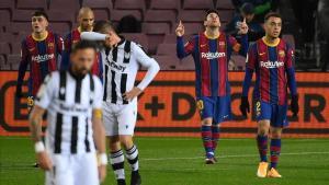 Barcelona s Argentinian forward Lionel Messi (2R) celebrates after scoring during the Spanish league football match between FC Barcelona and Levante UD at the Camp Nou stadium in Barcelona on December 13  2020  (Photo by LLUIS GENE   AFP)
