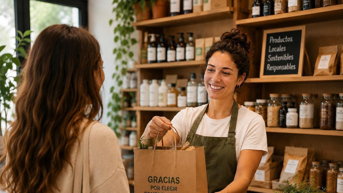 Una dependienta atiende a una clienta en un comercio local