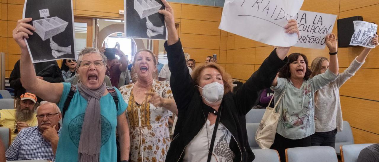 Varias mujeres protestan en un pleno del Cabildo majorero contra la declaración de interés insular del proyecto Dreamland. | | LP/DLP