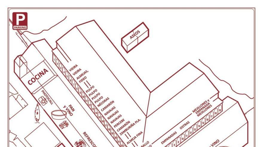 Plano del recinto con la ubicación de las carpas y de las diferentes cocinas